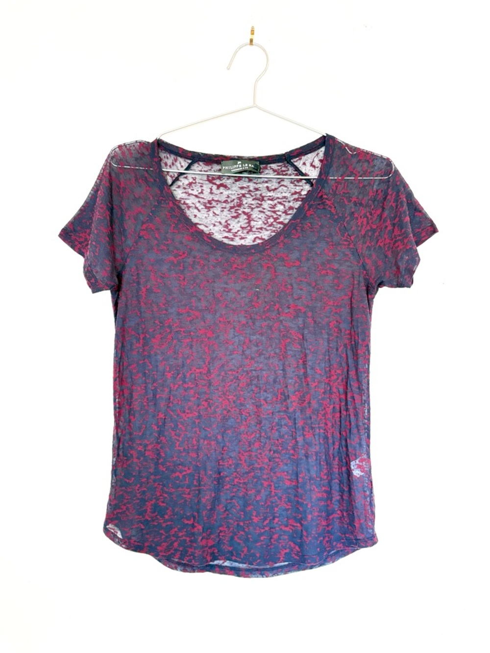 philippe le bac sheer mottled tee navy red watercolor french v neck S like new